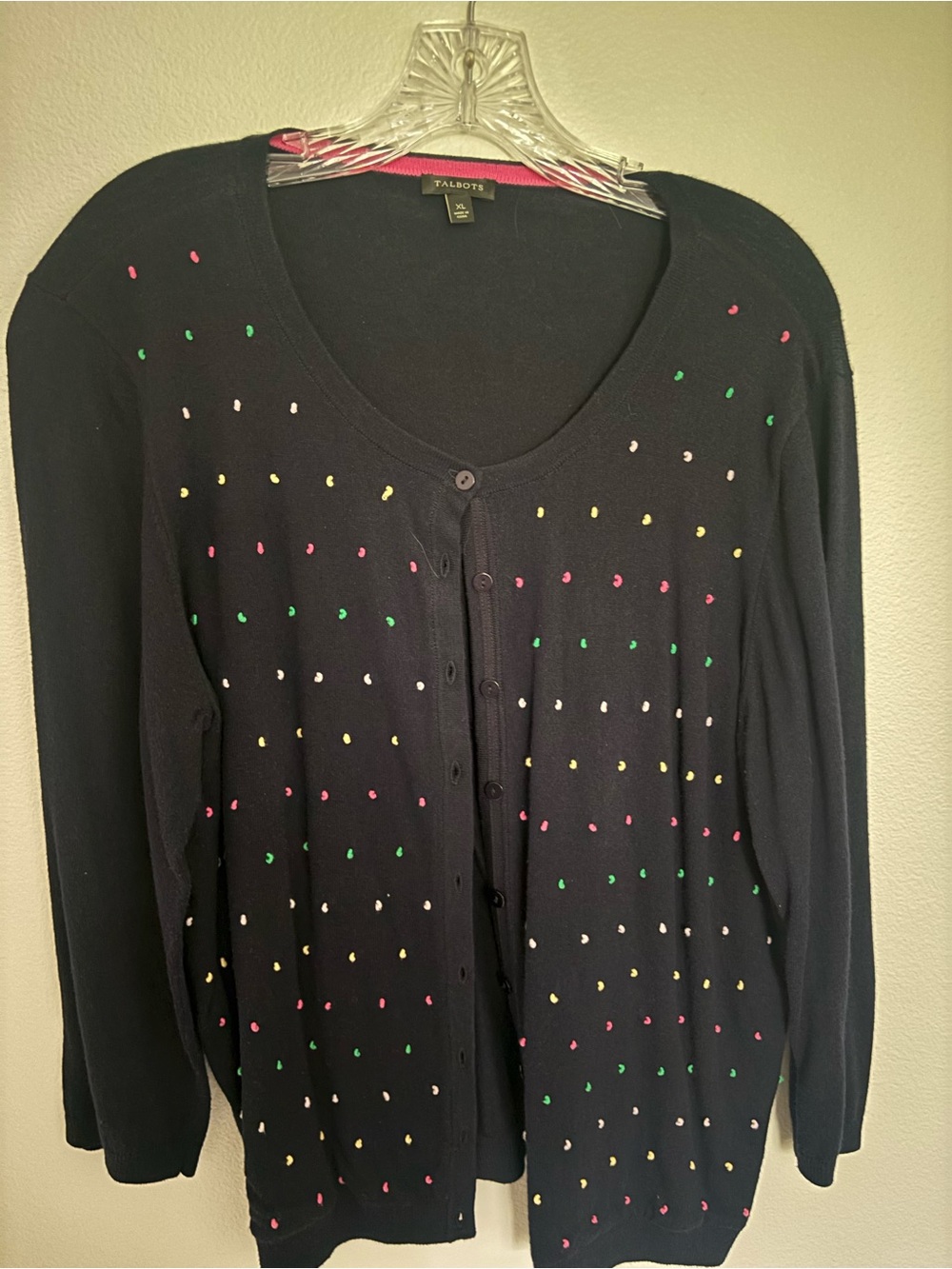 Talbots Navy Cardigan with Pink, Green, Yellow and Cream Dot Embroidery
